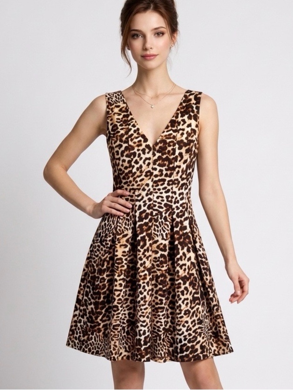 Sleeveless V-Neck Leopard Print A-Line Dress - Brown